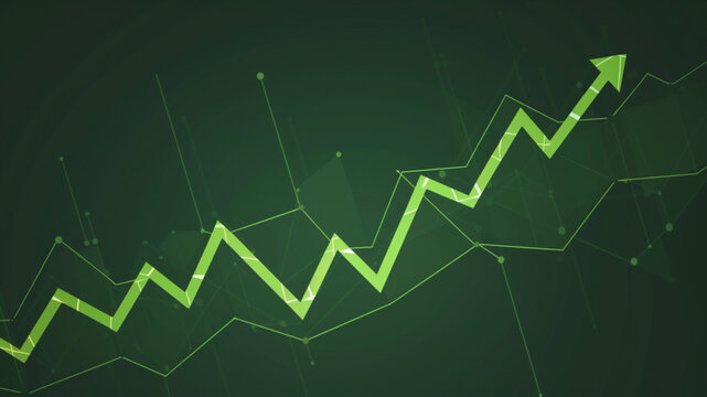 flat minimal design of a rising financial arrow on a stock chart line, clean zig-zag line with an upward arrow tip, green color, vector graphic