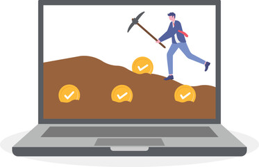 Flat illustration of remote worker digging checklist tokens from soil on screen to symbolize productivity mining and task completion
