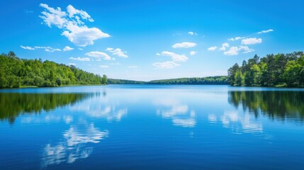Obraz premium Serene Summer Lakeside: Where Mountains Mirror in Calm Blue Waters