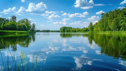 Obraz premium Serene Summer Lakeside: Where Mountains Mirror in Calm Blue Waters
