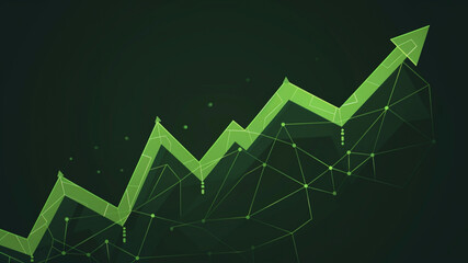 flat minimal design of a rising financial arrow on a stock chart line, clean zig-zag line with an upward arrow tip, green color, vector graphic
