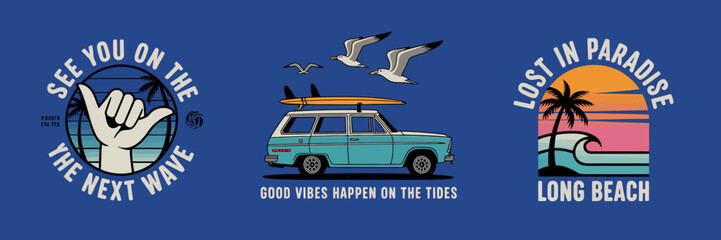 This artistic creation showcases a cheerful beach community with surfboards and playful seagulls, promoting a sense of adventure and carefree summer days in Long Beach.