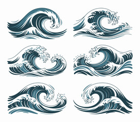 Fototapeta premium A collection of artistic wave designs showcasing various styles, emphasizing the beauty and power of the ocean, with flowing lines and intricate details that captivate viewers.