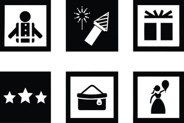 Set of Six White Icons on Black Backgrounds Featuring Celebrations and Symbols party