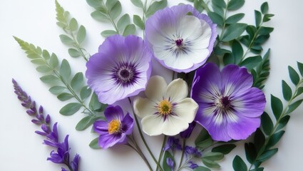Colorful flowers and green leaves arranged beautifully, showcasing a variety of blossoms with vibrant purple, white, and yellow tones.