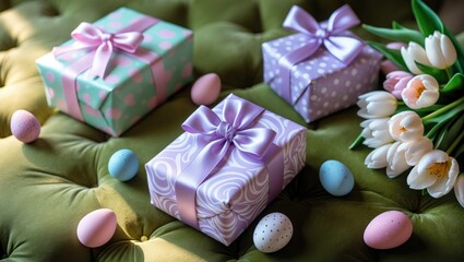 Colorful gift boxes with bows, surrounded by tulips and decorated eggs, on a green plush surface, celebrating spring and Easter.