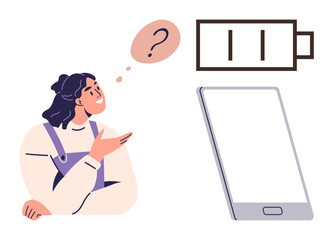 Woman gesturing in confusion alongside a phone displaying low battery status and a question mark. Ideal for technology, troubleshooting, communication, mobile usage, power management, digital