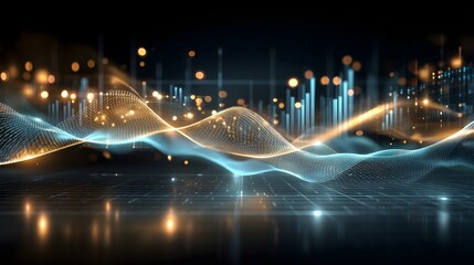 Abstract layered finance network background with glowing nodes, bar and pie charts, cyan and gold gradients, soft transparency, ideal for business marketing templates.