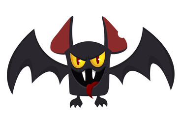 Cartoon black funny flying bat. Halloween vector bat vampire illustration