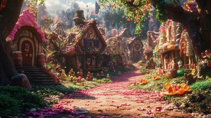 Enchanted Candy Village with Gingerbread Houses and Colorful Sweets among Lush Greenery and Bright Flowers