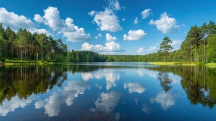 Fototapeta premium Serene Summer Lakeside: Where Mountains Mirror in Calm Blue Waters