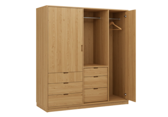 Wooden wardrobe with open door and interior shelving and drawers