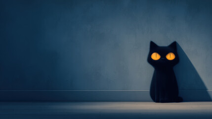 Spooky black cat with glowing yellow eyes sits alone in dark room. mysterious and scary minimalist design perfect for halloween season