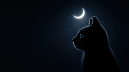 Mysterious black cat silhouette against dark night sky with crescent moon. This minimalist image evokes spooky halloween feeling