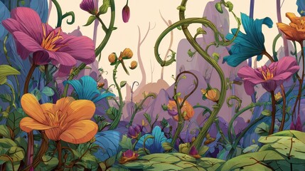 Fototapeta premium Vibrant fantasy flower garden, hills background, whimsical illustration, game asset