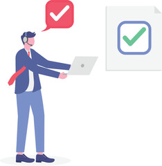 Flat illustration of support specialist answering customer calls with headset and laptop completing checklist tasks in helpdesk service
