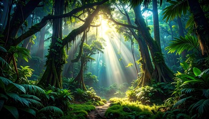 Lush Tropical Rainforest Sunlight Path Through Trees.