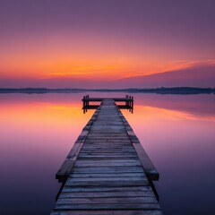 Obraz premium Serene sunrise over calm lake, wooden pier, tranquil reflection, peaceful dawn; postcard