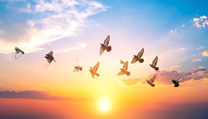 Doves soaring at sunset
