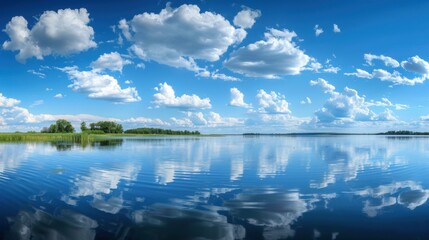 Obraz premium Serene Summer Lakeside: Where Mountains Mirror in Calm Blue Waters