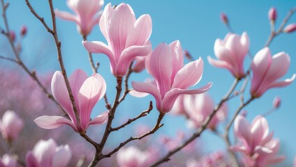 Pink magnolia blossoms on tree branches against a clear blue sky.