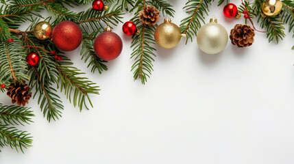 Christmas ornaments and fir tree branches on white background, flat lay