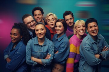 Diverse group of smiling people posing together, radiating joy, unity, and connection in a vibrant atmosphere