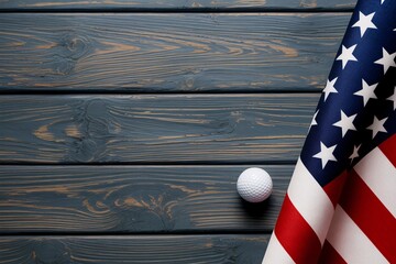 Photo of golf ball resting on a rustic wooden surface next to a draped american flag, symbolizing patriotism and the sport of golf in the usa