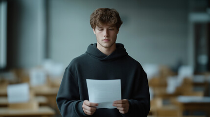 Teacher walking among desks holding test papers with neutral expression