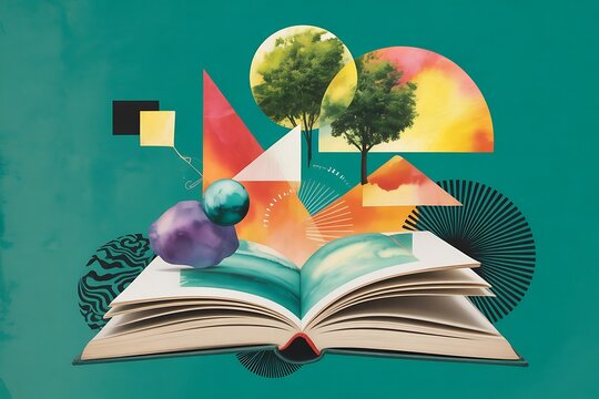 Abstract book illustration with trees, watercolor shapes, and vibrant colors for design projects - Powered by Adobe