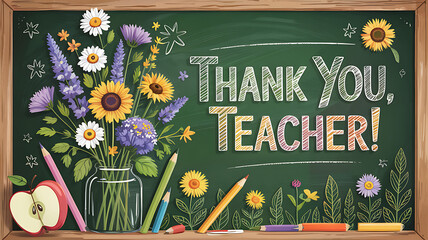 A thank you teacher message with flowers and pencils on a chalkboard