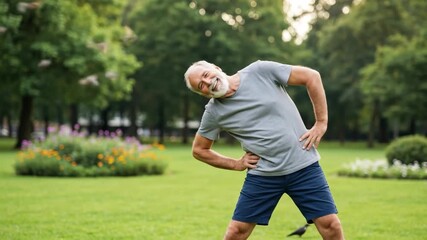 An elderly gentleman enjoying a morning stretch in the park, Outdoor fitness for seniors amidst lush greenery and colorful flowers - Powered by Adobe