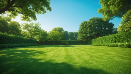 Obraz premium A lush green golf course under a bright blue sky with trees and well-maintained grass.