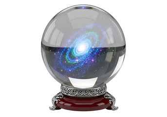 Mystical cosmos galaxy inside a crystal ball with ornate stand on black background