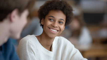 Engaged Teacher Smiling as Student Confidently Answers Questions in Classroom