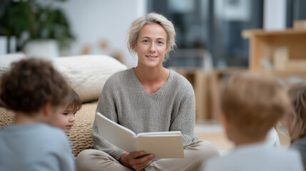 Teacher Leading Storytime with Children on Rug