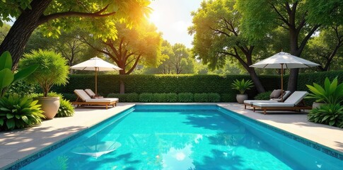 Vibrant summer scene with lush greenery, bright sunlight, and a refreshing blue swimming pool Perfect for travel, vacation, and summer themes , daytime, june