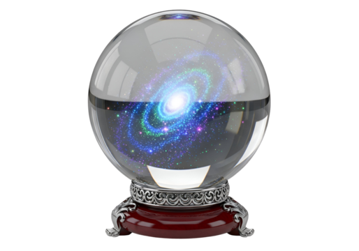 Mystical cosmos galaxy inside a crystal ball with ornate stand on black background
