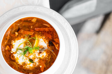 Traditional soup with meat, vegetables, sour cream, herbs, and lemon slice in a white patterned bowl, top view, vibrant and appetizing presentation.