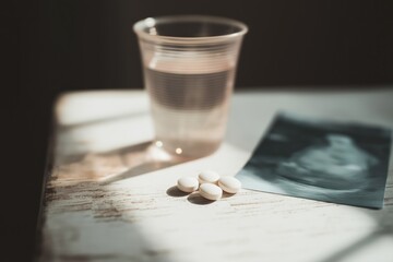 Abortion pill and obstetric ultrasound print on a rustic table with a cup of water, highlighting choice, healthcare, and reproductive decision-making