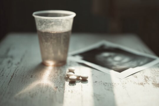 Abortion pill and obstetric ultrasound print on rustic table with cup of water, highlighting choice and reproductive healthcare in a clinical setting