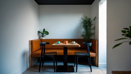 Fototapeta premium A cozy dining nook with a table set for three, two orange booth seats, and black chairs in a minimalistic room with white walls and green plants.