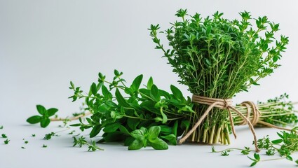 Naklejka premium Fresh herbs bundled together with string, on a white background. Culinary herbs, natural ingredients, and spices. The concept of organic cooking and healthy eating.