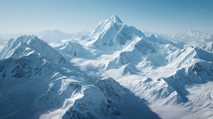 Aerial view of snow-capped mountains, winter landscape, Himalayan range, clear sky.  Use travel brochure