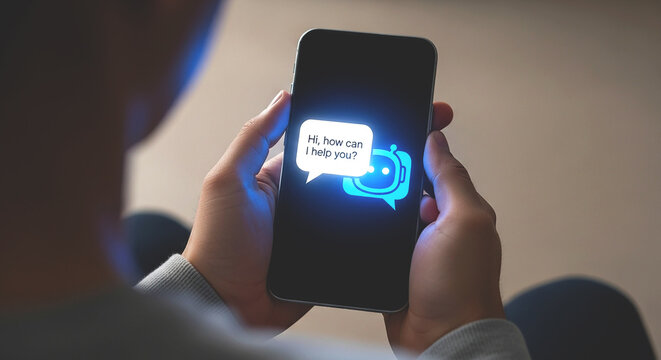 Person holding a smartphone displaying a chatbot interface with a help message on the screen