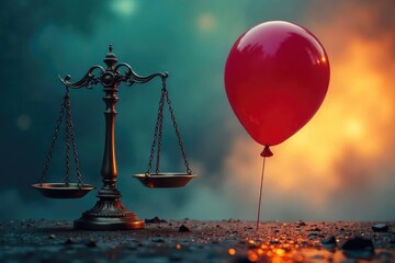 A dramatically lit scene depicting a scale tipping dramatically towards a massive, exaggerated lie, symbolized by a balloon vastly inflating , misleading information, delusion
