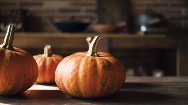 Festive pumpkins on a rustic wooden table