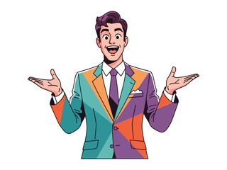 The Charismatic Presenter: A dynamic illustration of a charismatic presenter with open arms, embodying confidence and engagement in this vibrant graphic.
