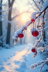 Serene Winter Landscape Sunlit Snow-Covered Branches and Glistening Ice Crystals