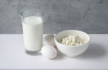 Set of dairy products with high protein on table
